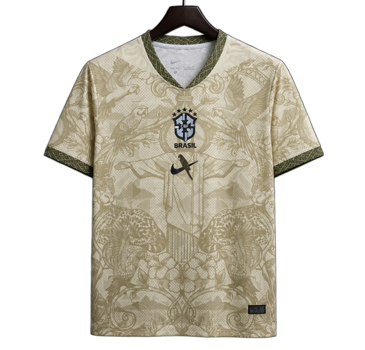 Brazil 2026 Jersey – Special Edition – Gold – Cream Baroque Floral Christ Redeemer Pattern