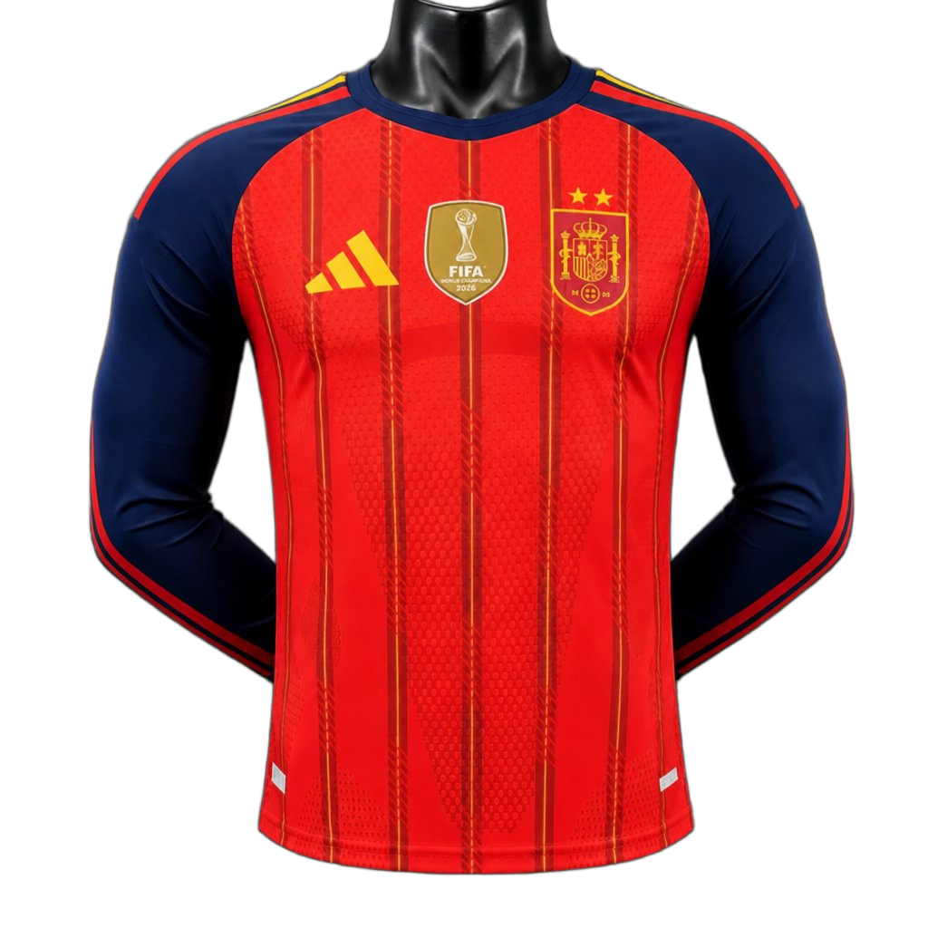 Spain 2026 Home Jersey – Player Version – Long Sleeve – 2 Stars – Champion Patch