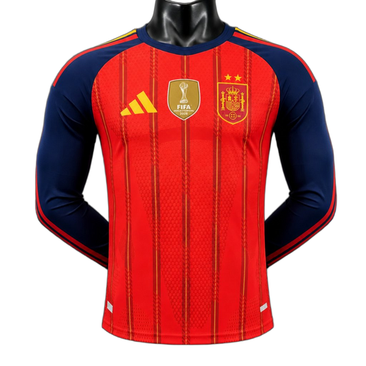 Spain 2026 Home Jersey – Player Version – Long Sleeve – 2 Stars – Champion Patch