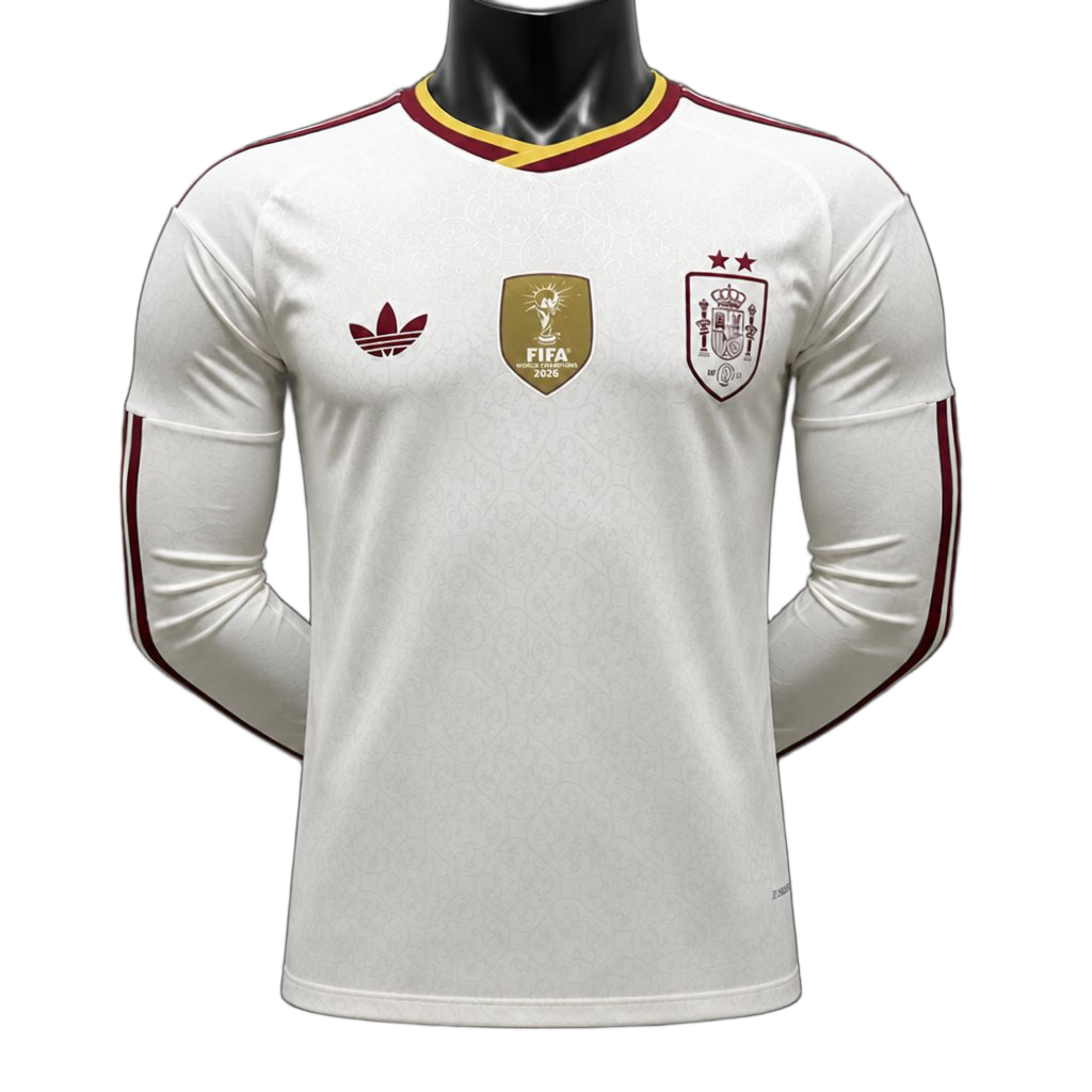 Spain 2026 Away Jersey – Player Version – Long Sleeve – White – 2 Stars – Champion Patch
