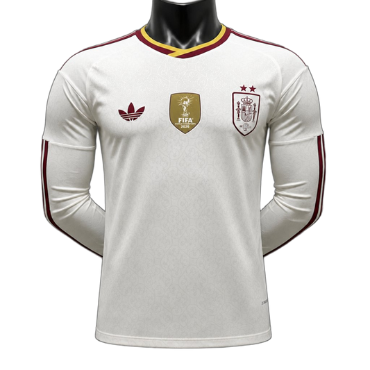 Spain 2026 Away Jersey – Player Version – Long Sleeve – White – 2 Stars – Champion Patch