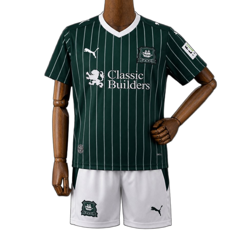 Plymouth 2026/27 Home Kit – Kids – White/Green – Argyle Pinstripe