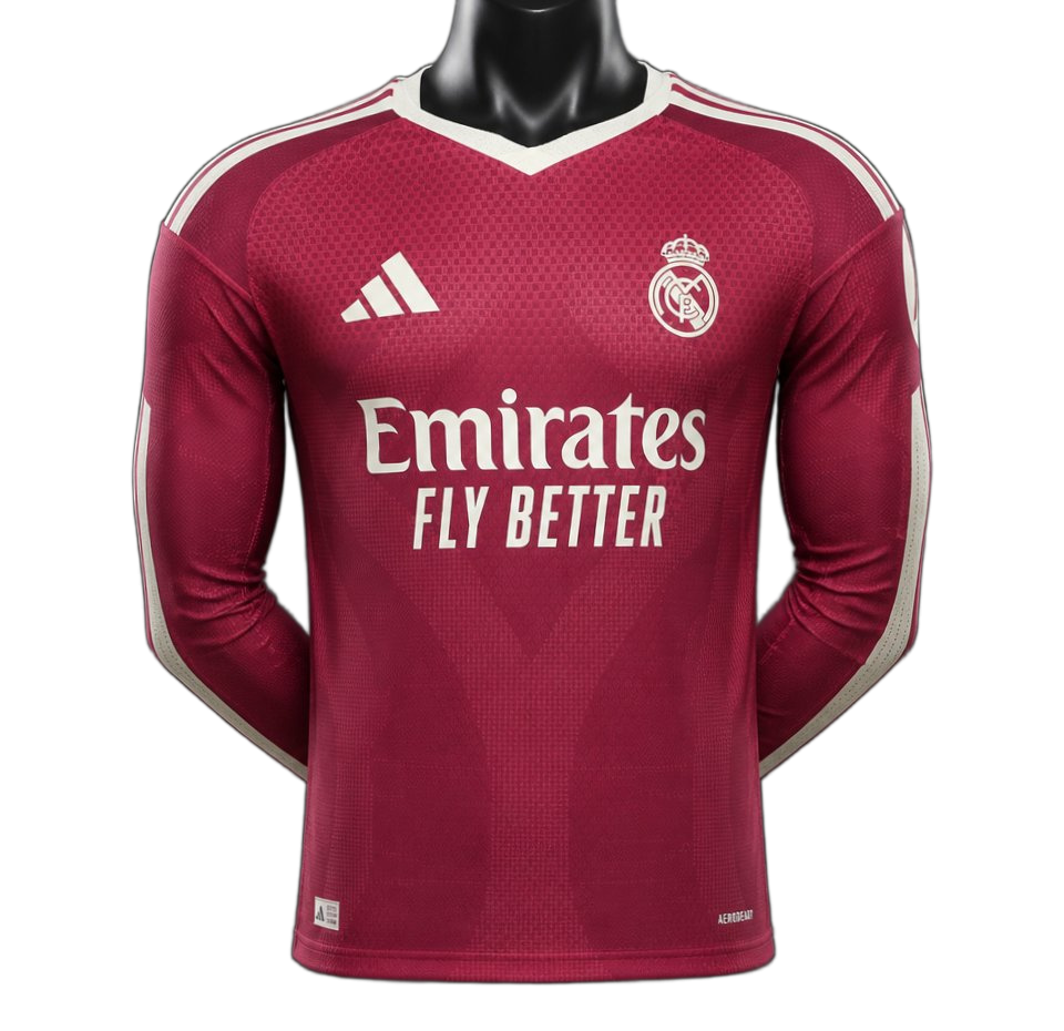 Real Madrid 2026/27 Away Jersey – Player Version – Long Sleeve – Red
