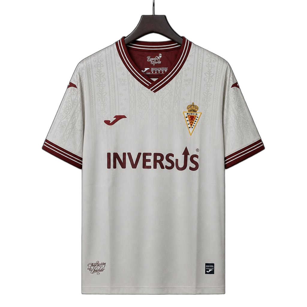 Real Murcia 2026/27 Away Jersey – White – Maroon Baroque Pattern